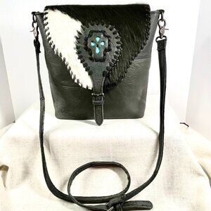 Black Western Genuine Leather Fur Crossbody Bag with Turquoise Medallion